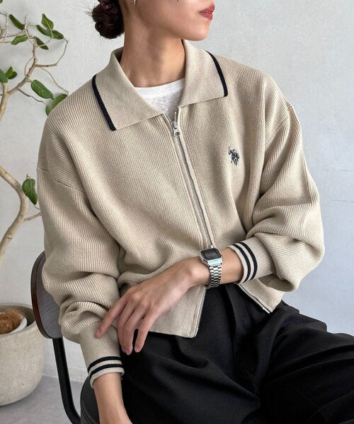 [Japan limited] U.S. POLO ASSN. Embroidered Collared Zip-Up Cardigan