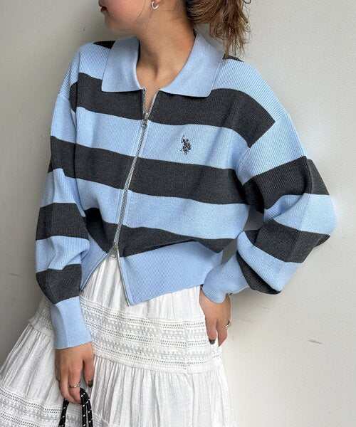 [Japan limited] U.S. POLO ASSN. Embroidered Collared Zip-Up Cardigan