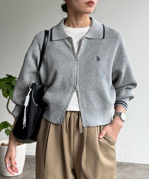 [Japan limited] U.S. POLO ASSN. Embroidered Collared Zip-Up Cardigan