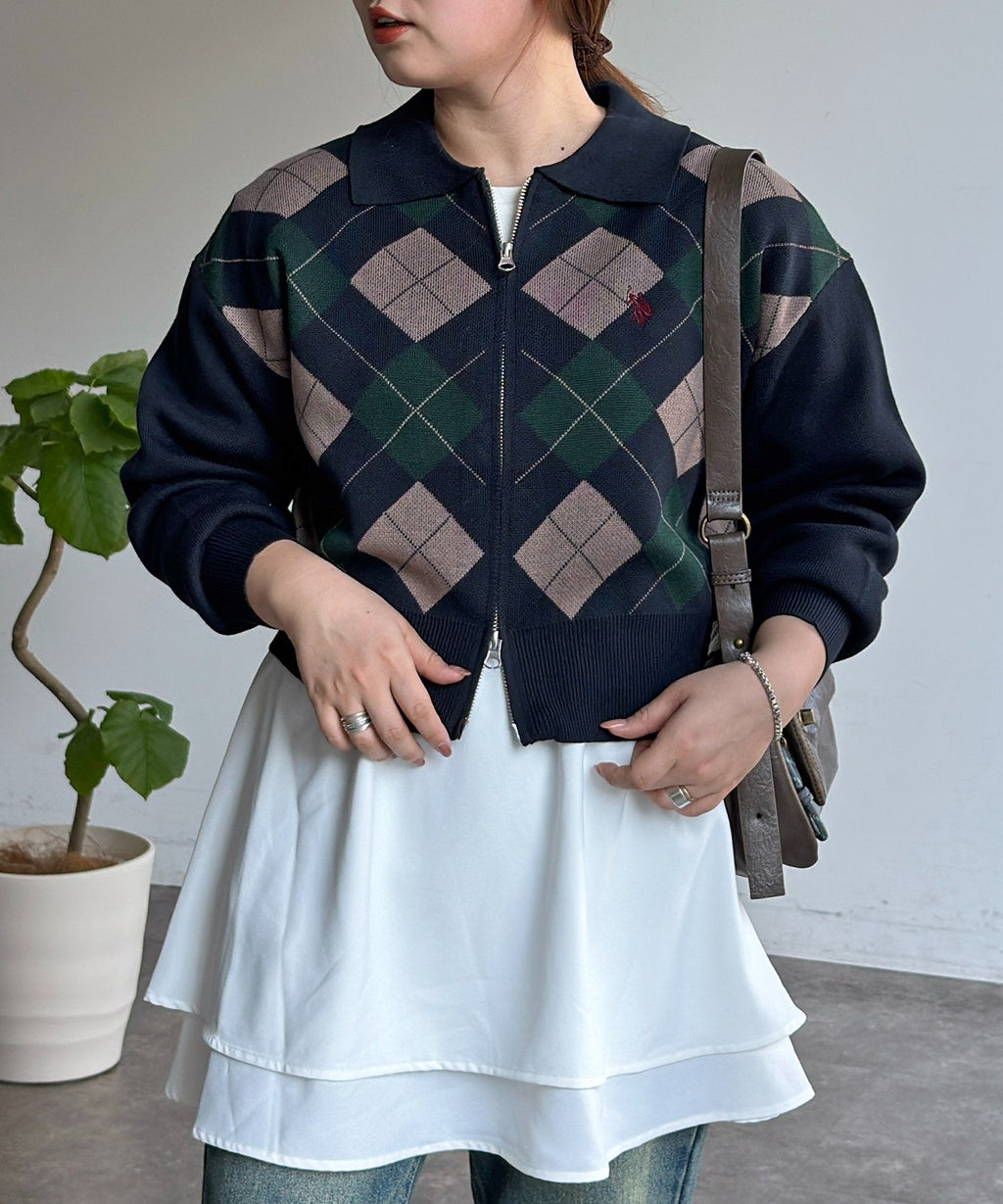 [Japan limited] U.S. POLO ASSN. Embroidered Collared Zip-Up Cardigan