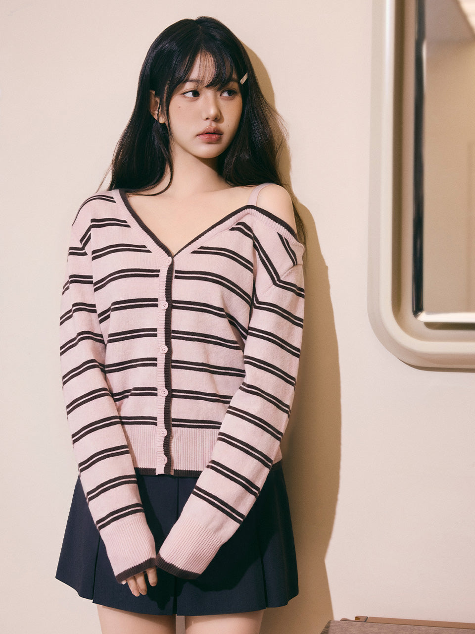 Rolarola One-Off-Shoulder Striped Wool Blended Cardigan