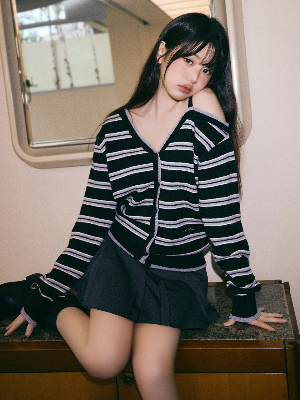 Rolarola One-Off-Shoulder Striped Wool Blended Cardigan