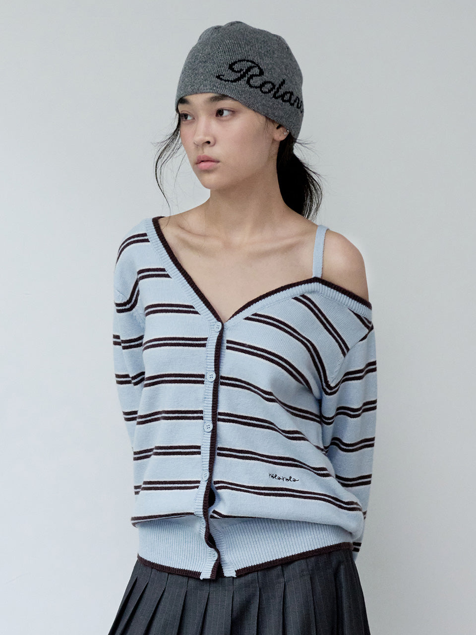 Rolarola One-Off-Shoulder Striped Wool Blended Cardigan
