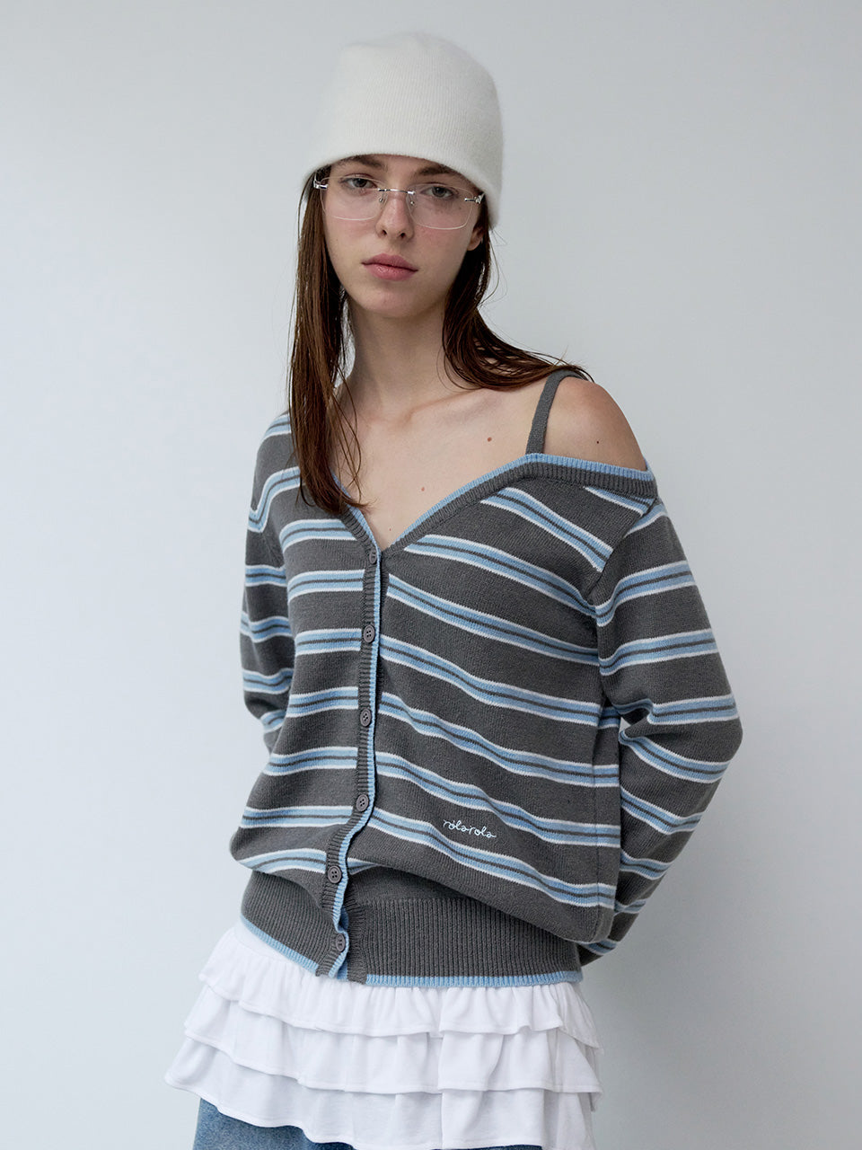 Rolarola One-Off-Shoulder Striped Wool Blended Cardigan